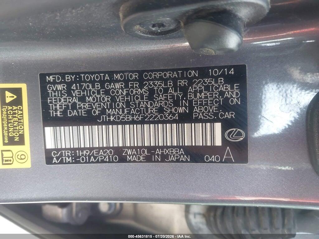 JTHKD5BH6F2220364 2015 LEXUS CT 200H photo no. 9