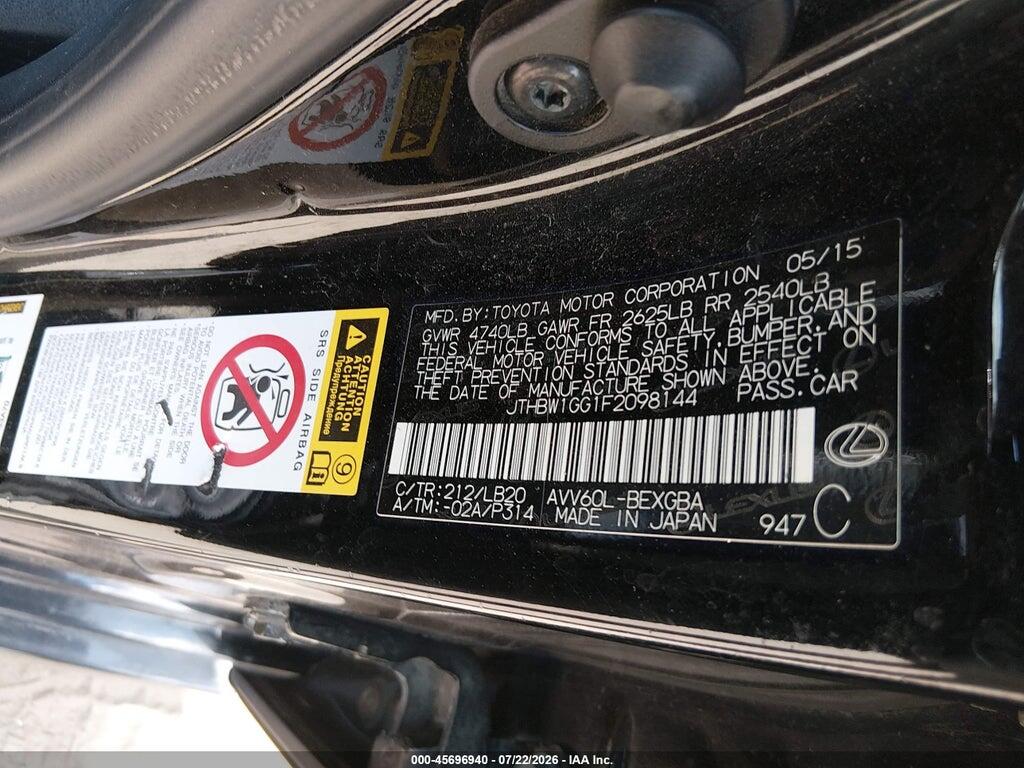 JTHBW1GG1F2098144 2015 LEXUS ES 300H photo no. 9