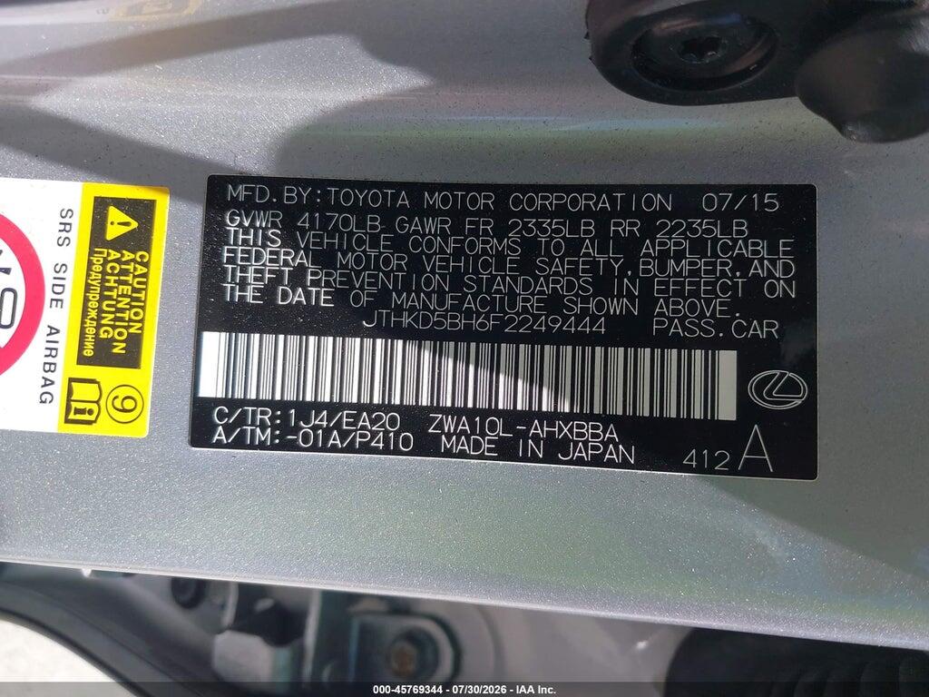 JTHKD5BH6F2249444 2015 LEXUS CT 200H photo no. 9