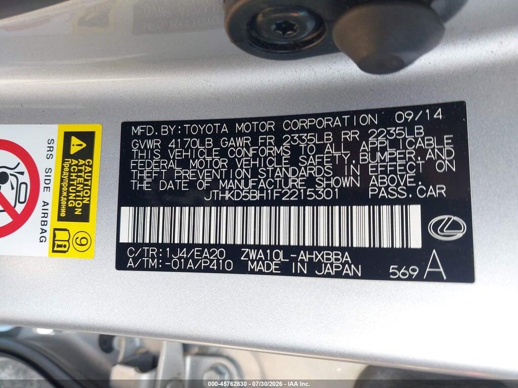 JTHKD5BH1F2215301 2015 LEXUS CT 200H photo no. 9