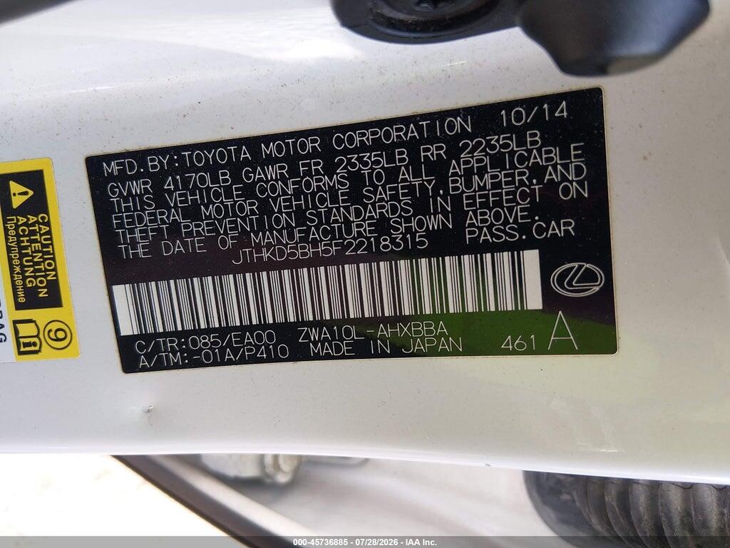 JTHKD5BH5F2218315 2015 LEXUS CT 200H photo no. 9