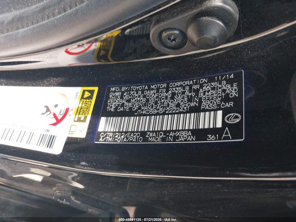 JTHKD5BH5F2222431 2015 LEXUS CT 200H photo no. 9