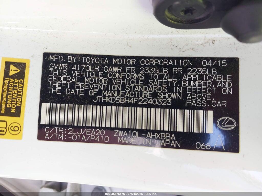 JTHKD5BH4F2240323 2015 LEXUS CT 200H photo no. 9
