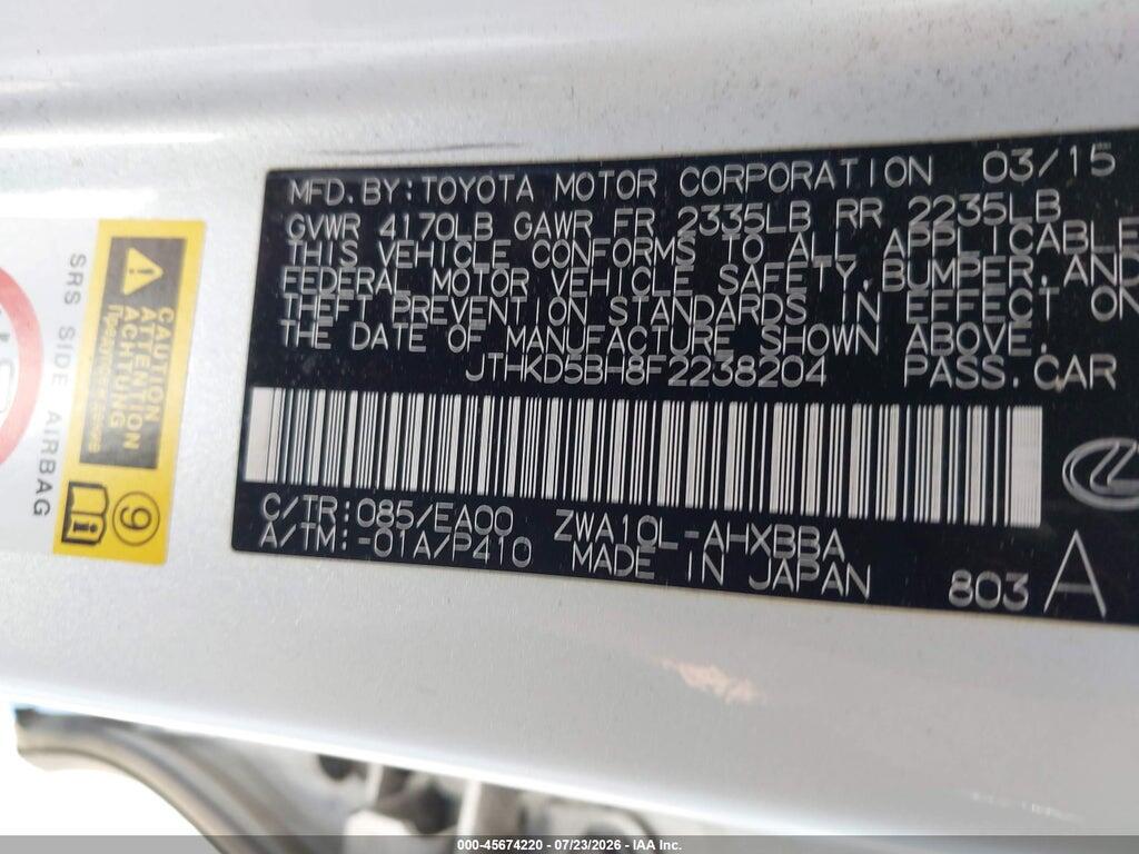 JTHKD5BH8F2238204 2015 LEXUS CT 200H photo no. 9