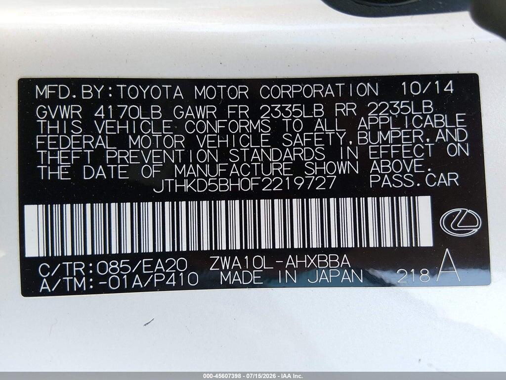 JTHKD5BH0F2219727 2015 LEXUS CT 200H photo no. 9