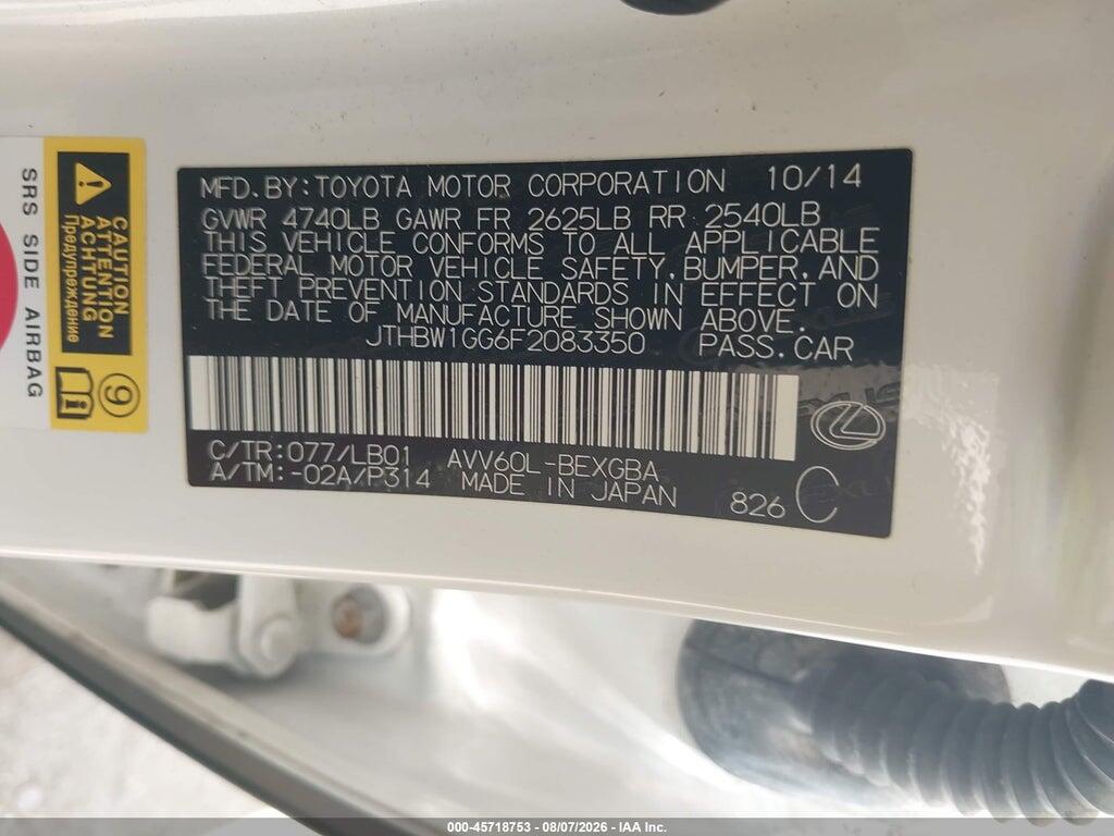 JTHBW1GG6F2083350 2015 LEXUS ES 300H photo no. 9