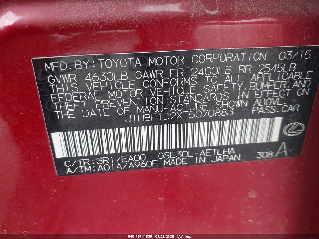 JTHBF1D2XF5070883 2015 LEXUS IS 250 photo no. 9