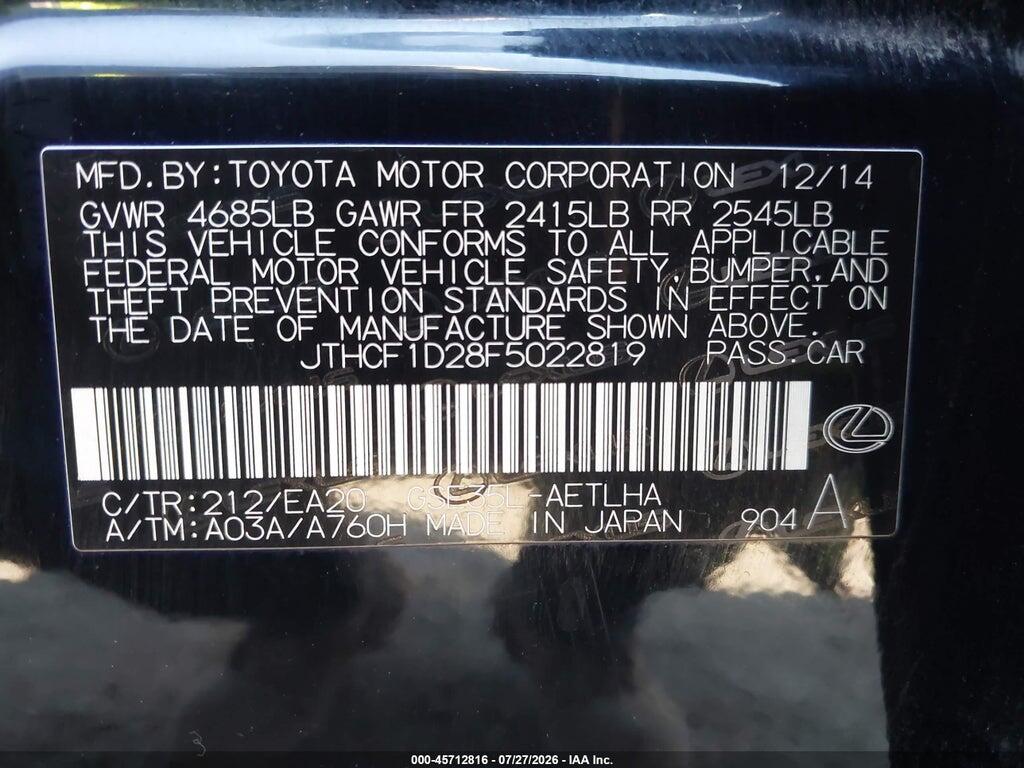 JTHCF1D28F5022819 2015 LEXUS IS 250 photo no. 9