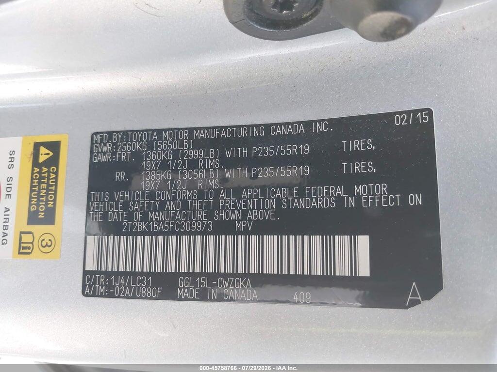 2T2BK1BA5FC309973 2015 LEXUS RX 350 photo no. 9