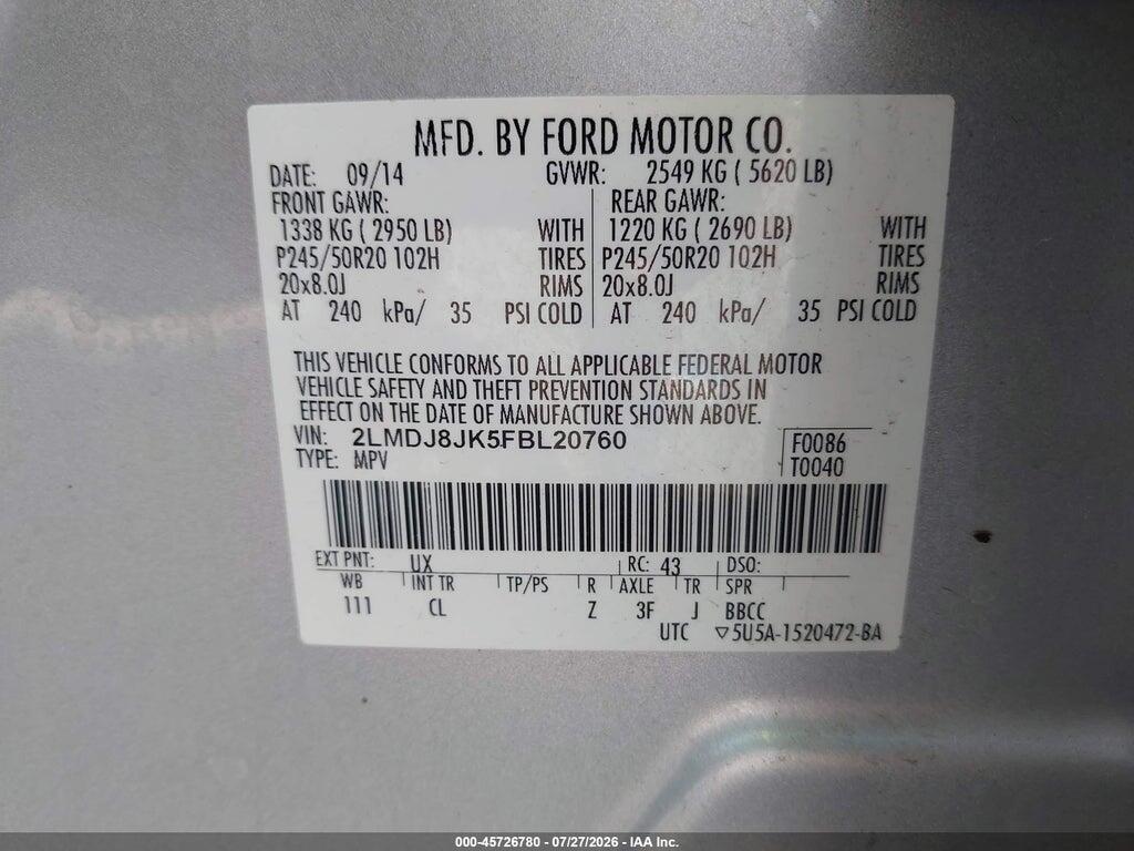 2LMDJ8JK5FBL20760 2015 LINCOLN MKX photo no. 9