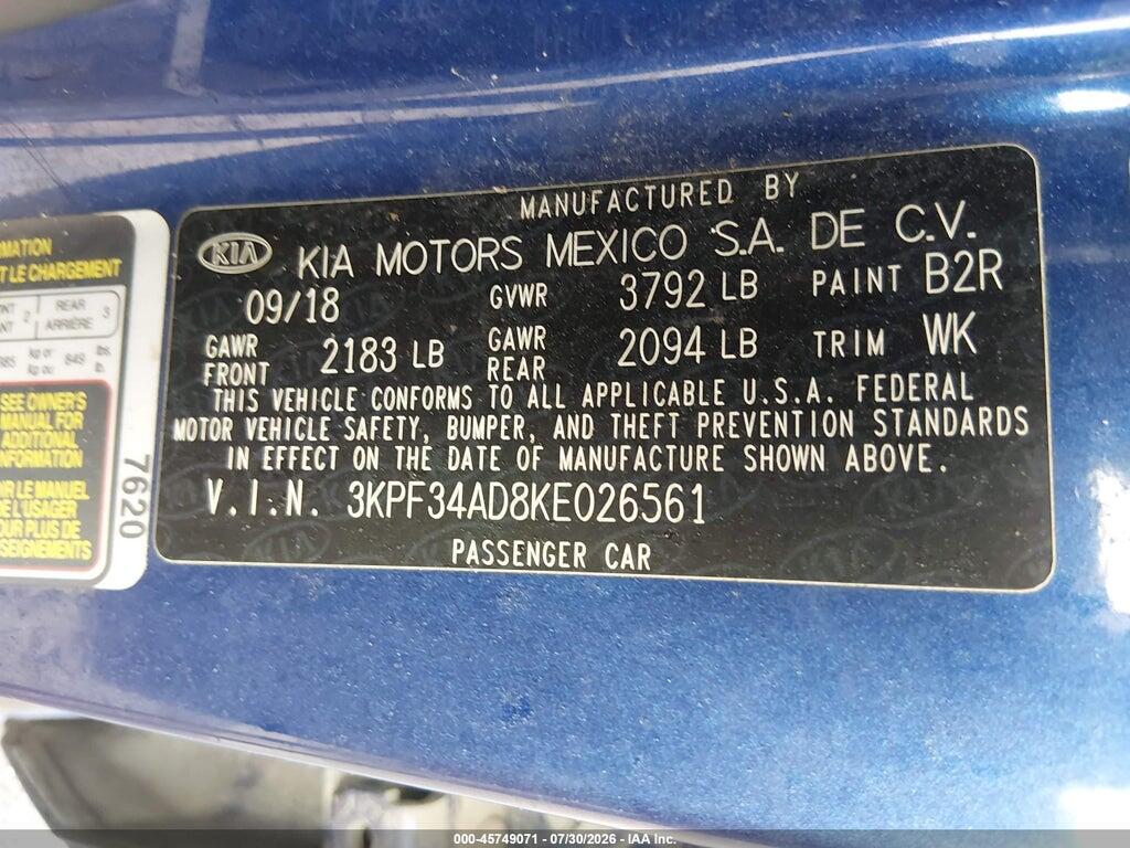 3KPF34AD8KE026561 2019 KIA FORTE photo no. 9