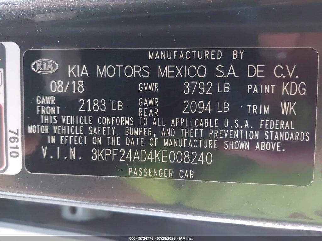 3KPF24AD4KE008240 2019 KIA FORTE photo no. 9