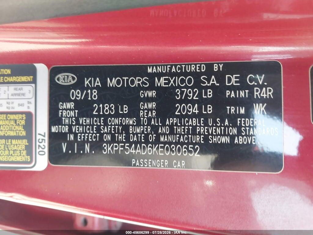 3KPF54AD6KE030652 2019 KIA FORTE photo no. 9