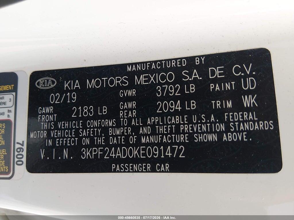 3KPF24AD0KE091472 2019 KIA FORTE photo no. 9
