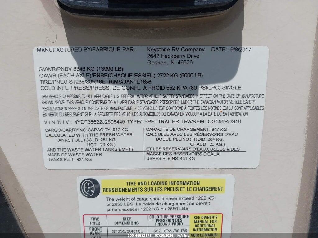 4YDF36622J2506445 2018 KEYSTONE RV COUGAR photo no. 9