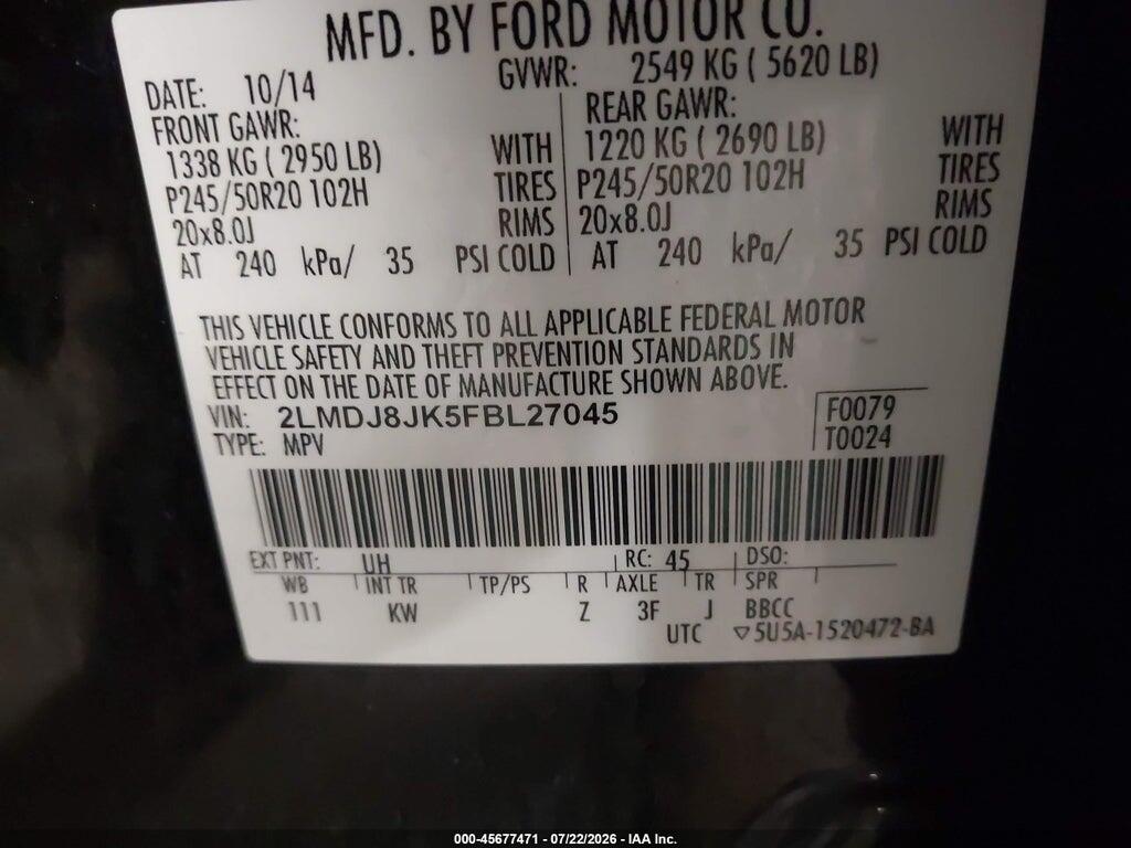2LMDJ8JK5FBL27045 2015 LINCOLN MKX photo no. 9