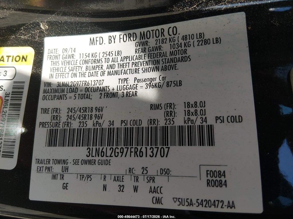 3LN6L2G97FR613707 2015 LINCOLN MKZ photo no. 9
