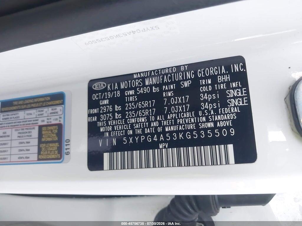 5XYPG4A53KG535509 2019 KIA SORENTO photo no. 9