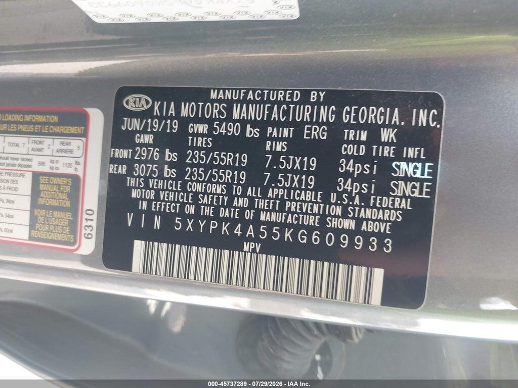 5XYPK4A55KG609933 2019 KIA SORENTO photo no. 9