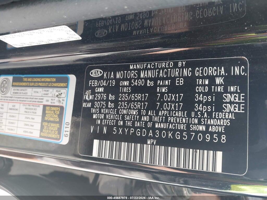 5XYPGDA30KG570958 2019 KIA SORENTO photo no. 9