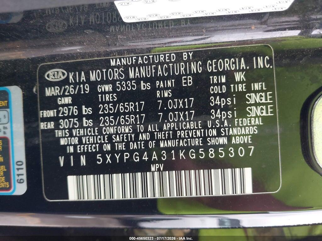 5XYPG4A31KG585307 2019 KIA SORENTO photo no. 9