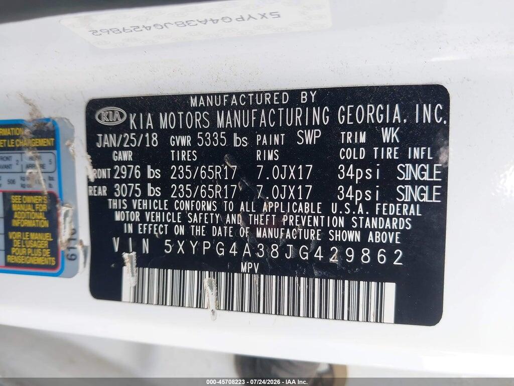 5XYPG4A38JG429862 2018 KIA SORENTO photo no. 9