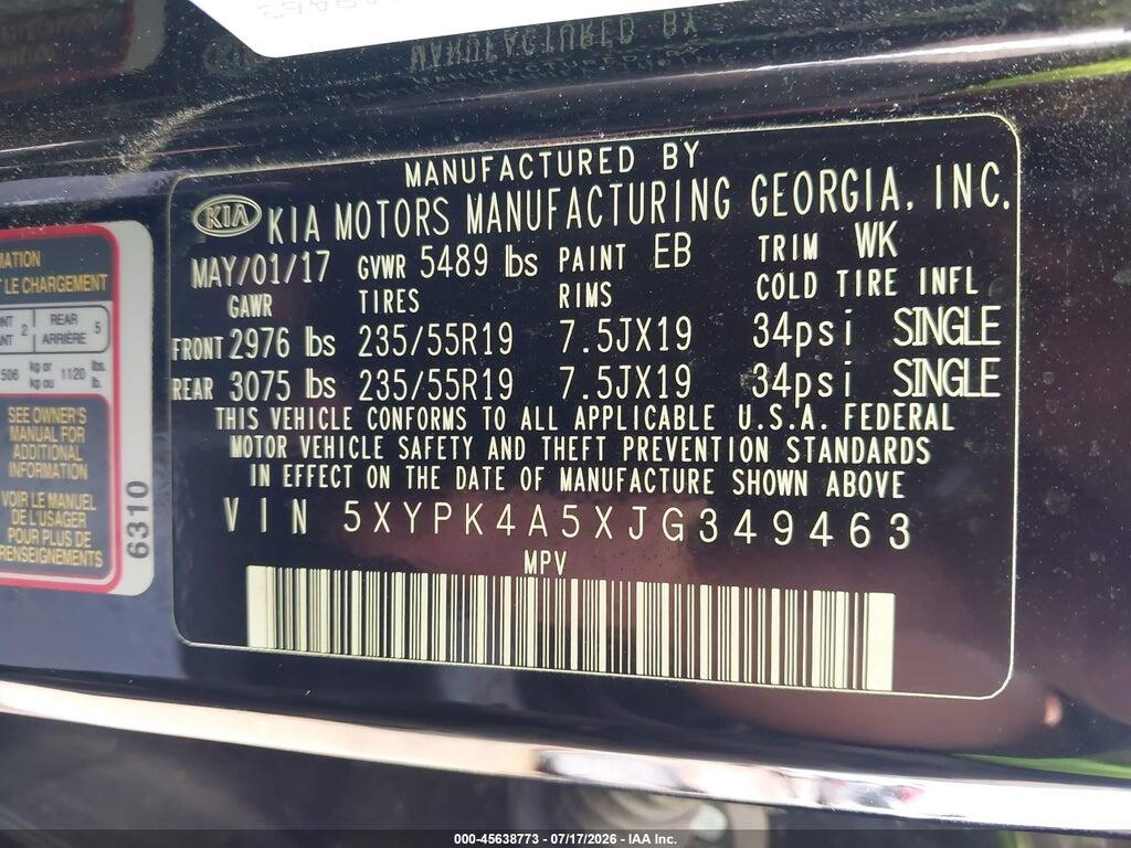 5XYPK4A5XJG349463 2018 KIA SORENTO photo no. 9