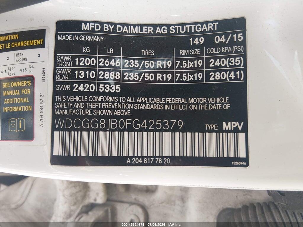 WDCGG8JB0FG425379 2015 MERCEDES-BENZ GLK 350 photo no. 9