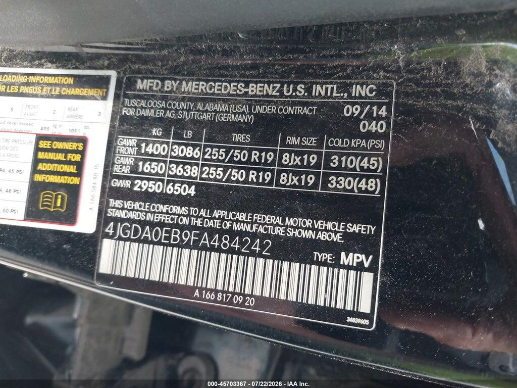 4JGDA0EB9FA484242 2015 MERCEDES-BENZ ML 250 BLUETEC photo no. 9