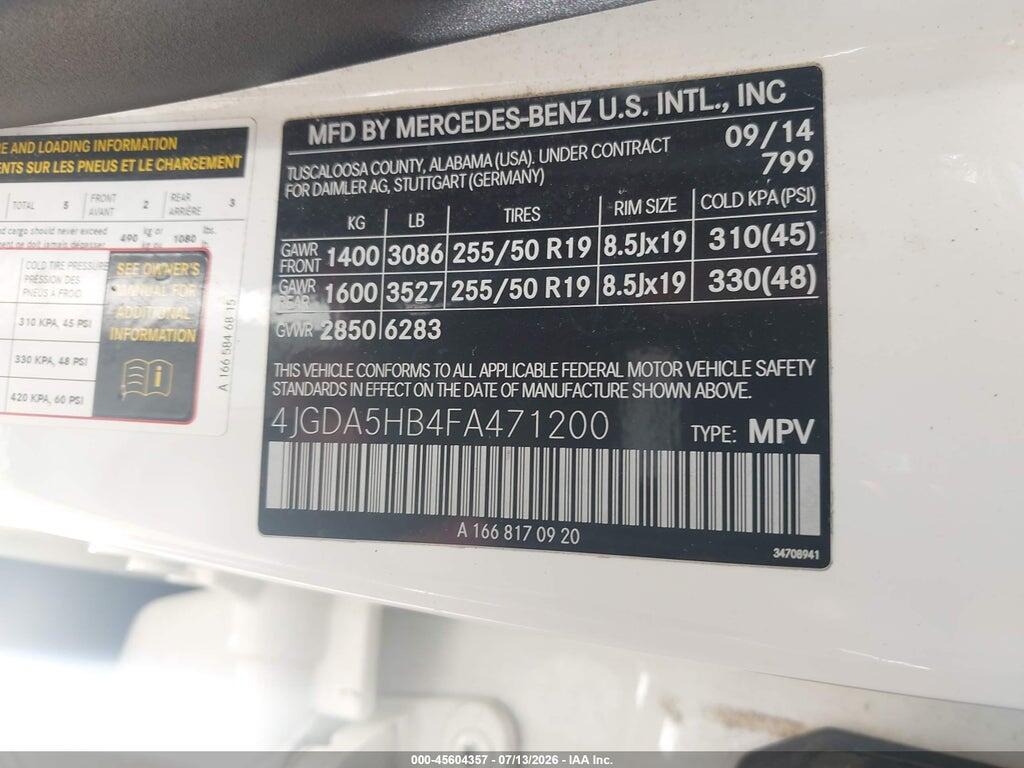 4JGDA5HB4FA471200 2015 MERCEDES-BENZ ML 350 photo no. 9