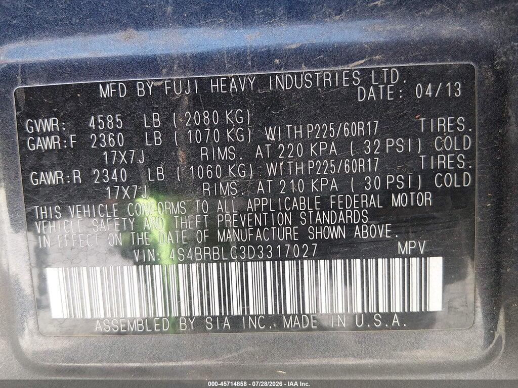 4S4BRBLC3D3317027 2013 SUBARU OUTBACK photo no. 9