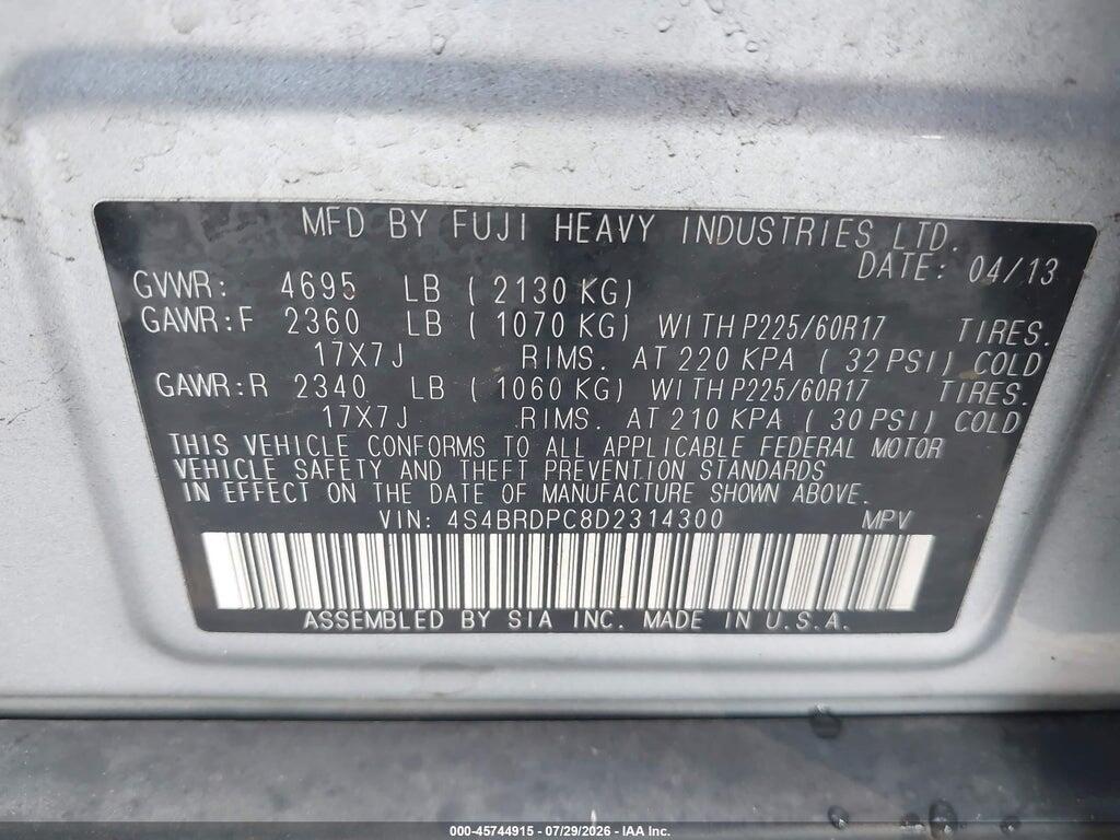 4S4BRDPC8D2314300 2013 SUBARU OUTBACK photo no. 9