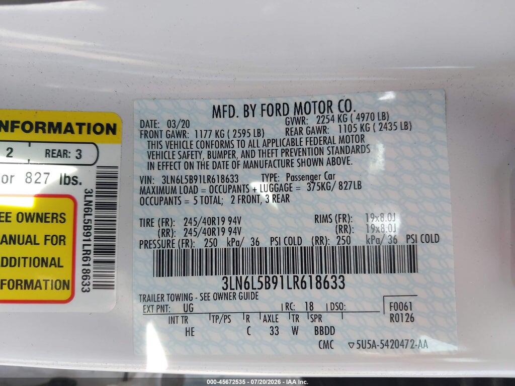 3LN6L5B91LR618633 2020 LINCOLN MKZ photo no. 9