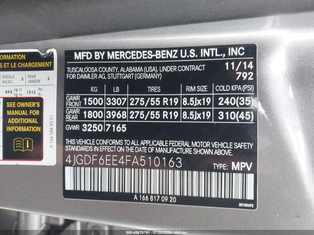 4JGDF6EE4FA510163 2015 MERCEDES-BENZ GL 450 photo no. 9