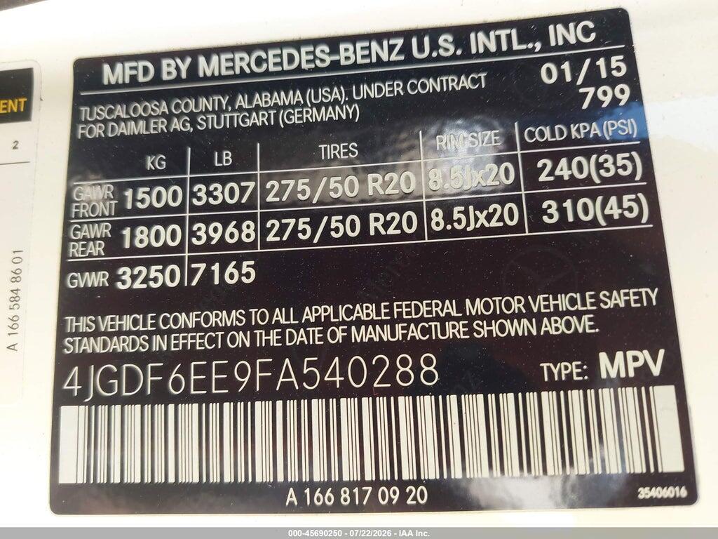 4JGDF6EE9FA540288 2015 MERCEDES-BENZ GL 450 photo no. 9