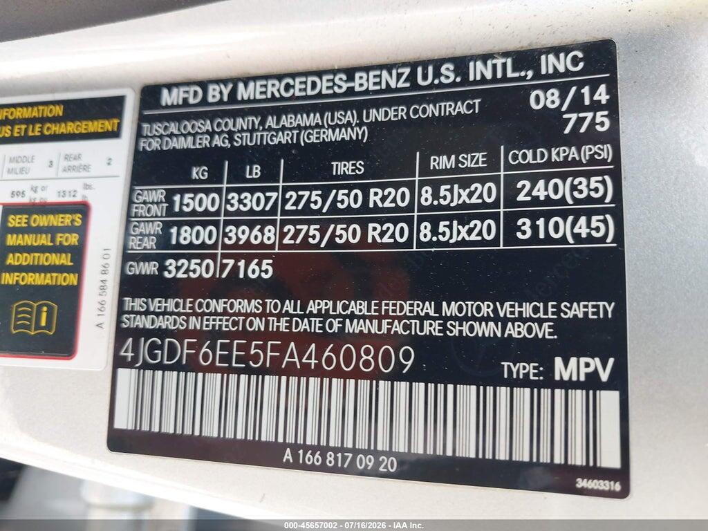 4JGDF6EE5FA460809 2015 MERCEDES-BENZ GL 450 photo no. 9