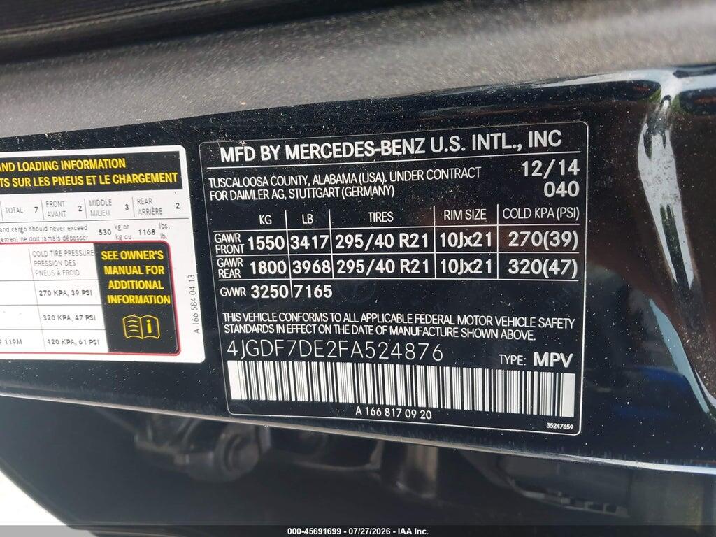 4JGDF7DE2FA524876 2015 MERCEDES-BENZ GL 550 photo no. 9