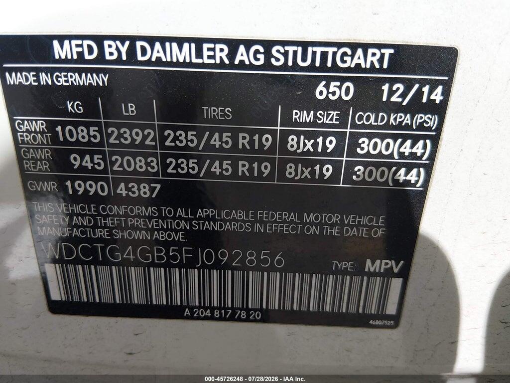 WDCTG4GB5FJ092856 2015 MERCEDES-BENZ GLA 250 photo no. 9