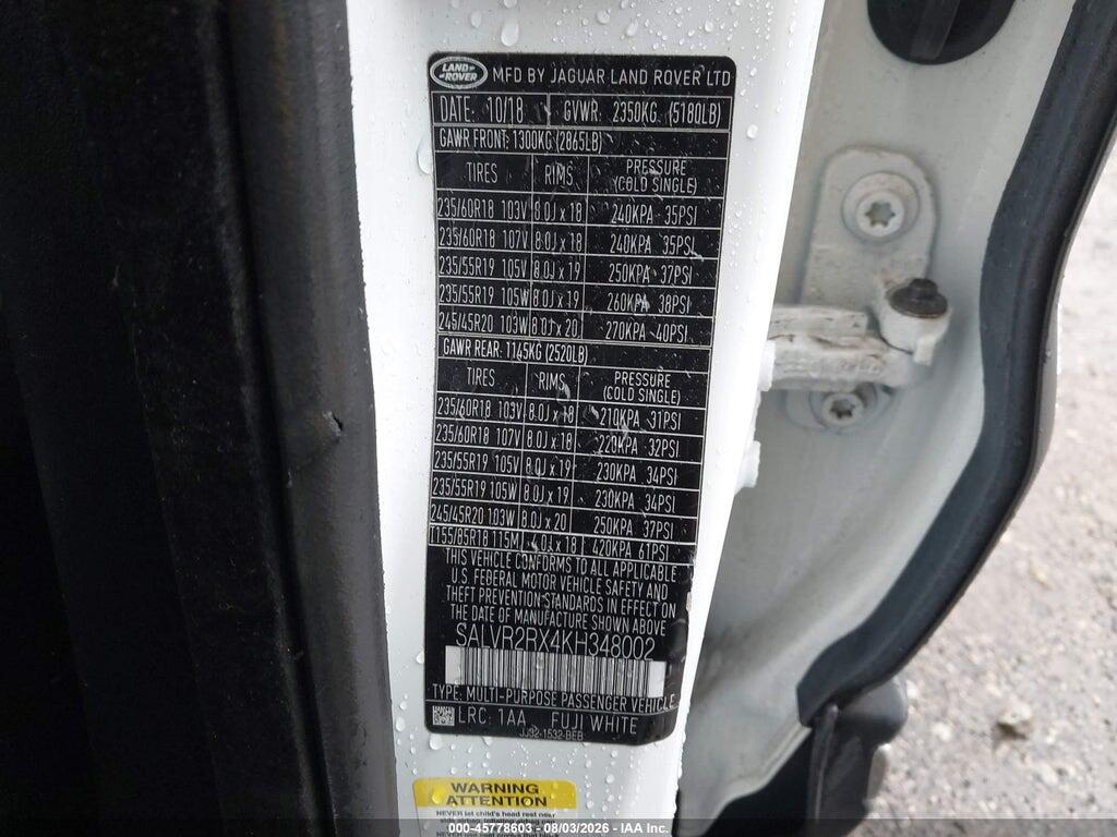 SALVR2RX4KH348002 2019 LAND ROVER RANGE ROVER EVOQUE photo no. 9