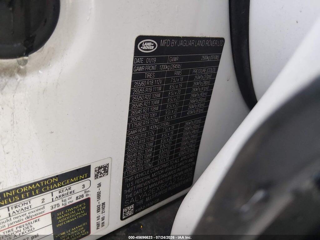 SALYA2EX6KA214238 2019 LAND ROVER RANGE ROVER VELAR photo no. 9