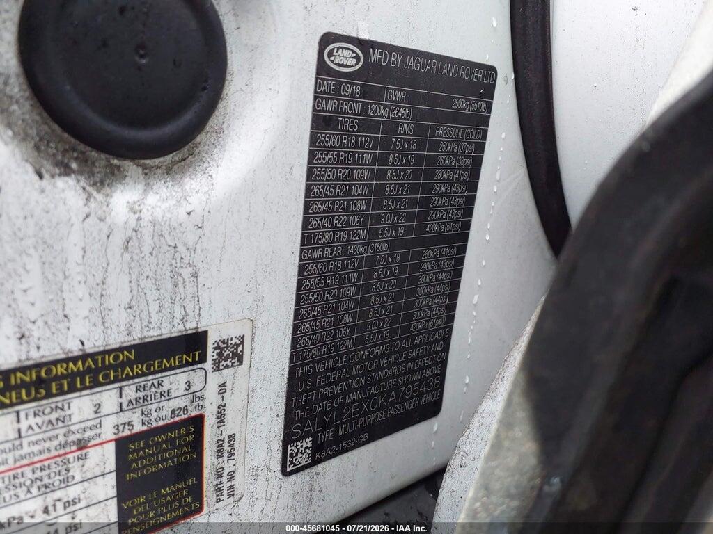 SALYL2EX0KA795438 2019 LAND ROVER RANGE ROVER VELAR photo no. 9