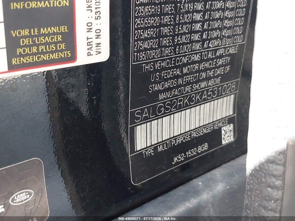 SALGS2RK3KA531028 2019 LAND ROVER RANGE ROVER photo no. 9