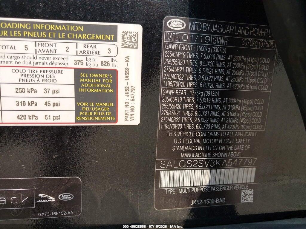 SALGS2SV3KA547797 2019 LAND ROVER RANGE ROVER photo no. 9