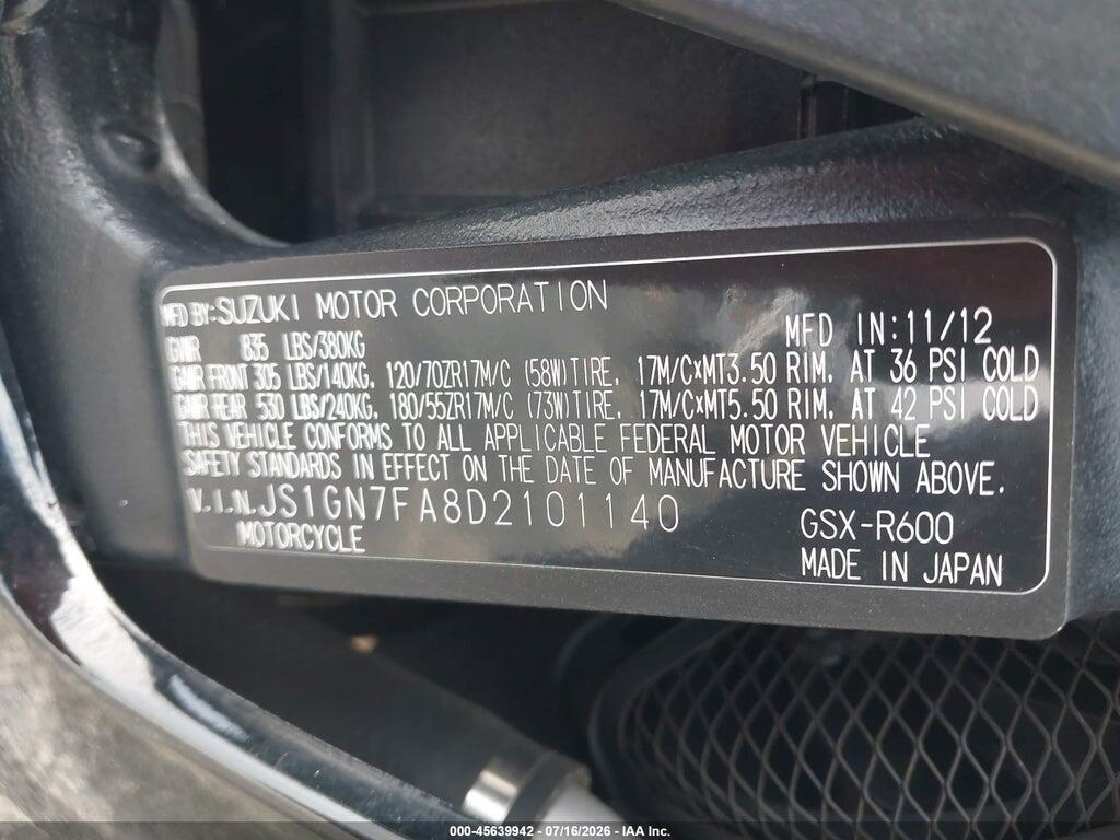 JS1GN7FA8D2101140 2013 SUZUKI GSX-R600 photo no. 10