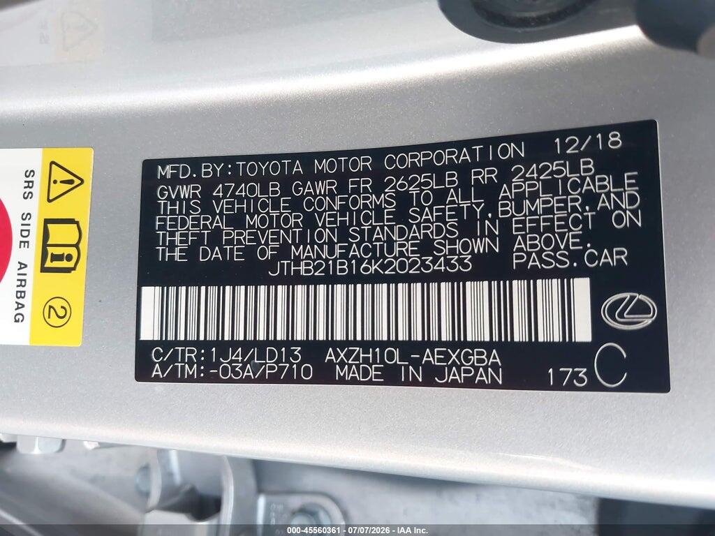 JTHB21B16K2023433 2019 LEXUS ES 300H photo no. 9