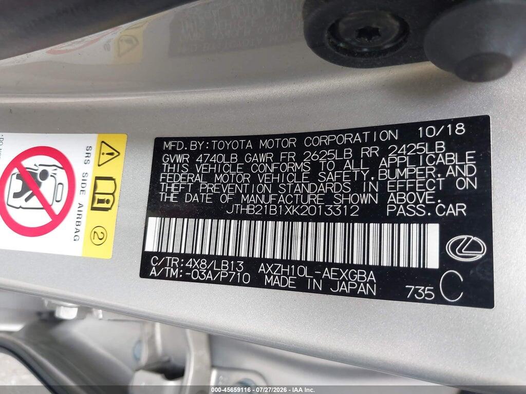 JTHB21B1XK2013312 2019 LEXUS ES 300H photo no. 9