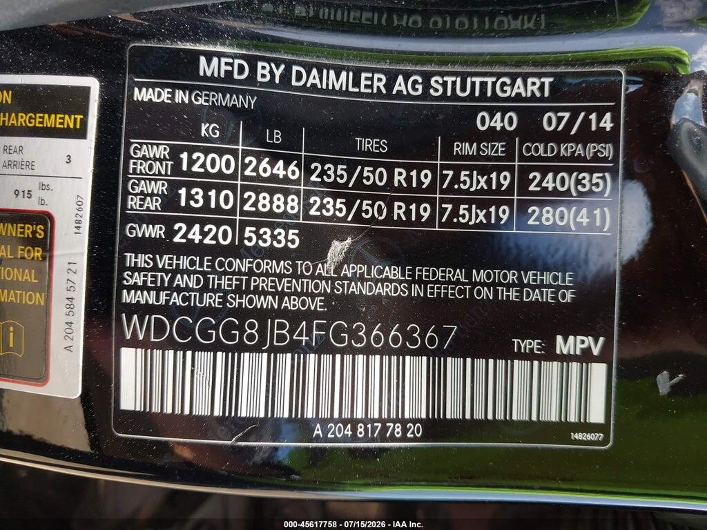 WDCGG8JB4FG366367 2015 MERCEDES-BENZ GLK 350 photo no. 9