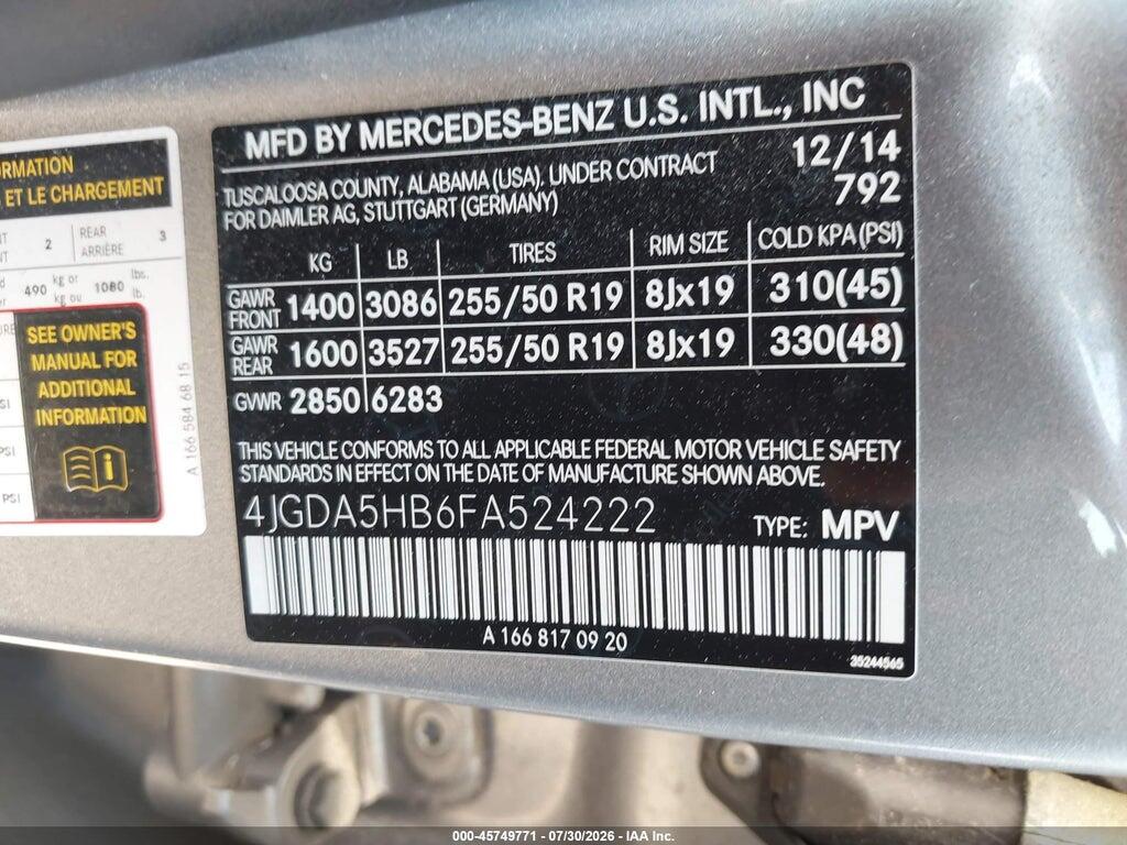 4JGDA5HB6FA524222 2015 MERCEDES-BENZ ML 350 photo no. 9