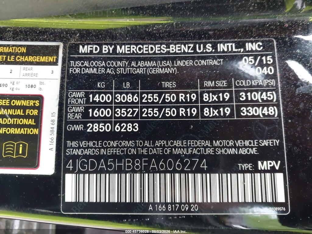 4JGDA5HB8FA606274 2015 MERCEDES-BENZ ML 350 photo no. 9