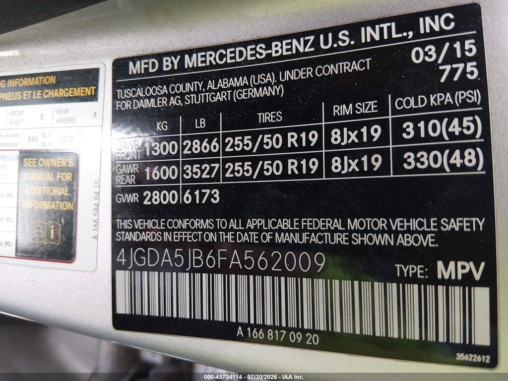4JGDA5JB6FA562009 2015 MERCEDES-BENZ ML 350 photo no. 9